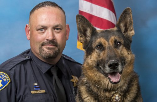 Portrait photo of Officer John Wilkey and his K-9 Cash