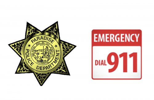 Photo of Paradise Police Badge next to graphic that states Emergency dial 911