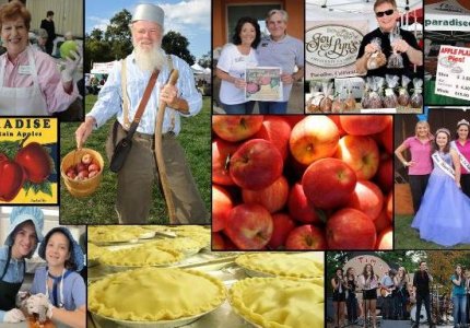 Collage of apples, attendees, vendors, performers, and pies from Johnny Appleseed Days