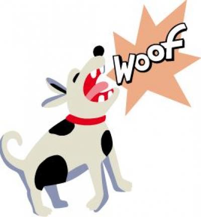 Clip art of a dog barking, "woof"