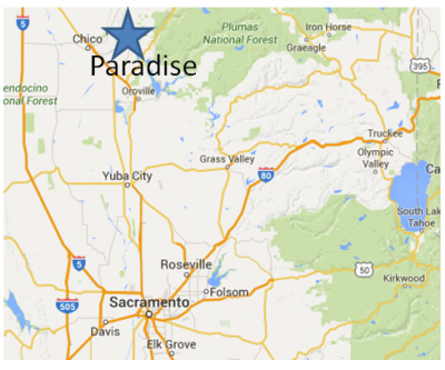 Map showing location of Paradise, CA relative to Sacramento, CA
