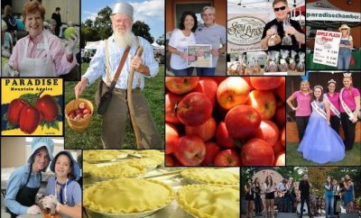 Collage of apples, attendees, vendors, performers, and pies from Johnny Appleseed Days