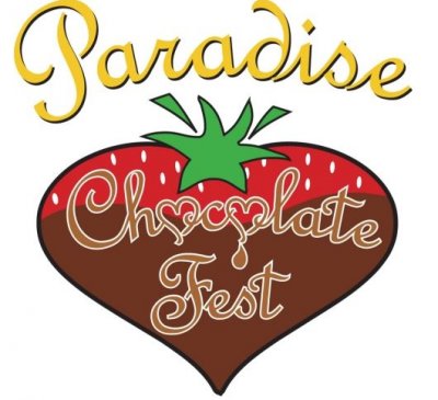 Clip art of strawberry dipped in chocolate with the words, "Paradise Chocolate Fest" overlaid in a cartoonish cursive font