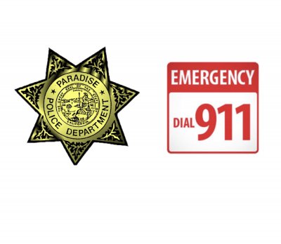 Photo of Paradise Police Badge next to graphic that states Emergency dial 911