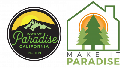 Town of Paradise Logo with a pine tree and Make it Paradise Logo with trees in a house outline