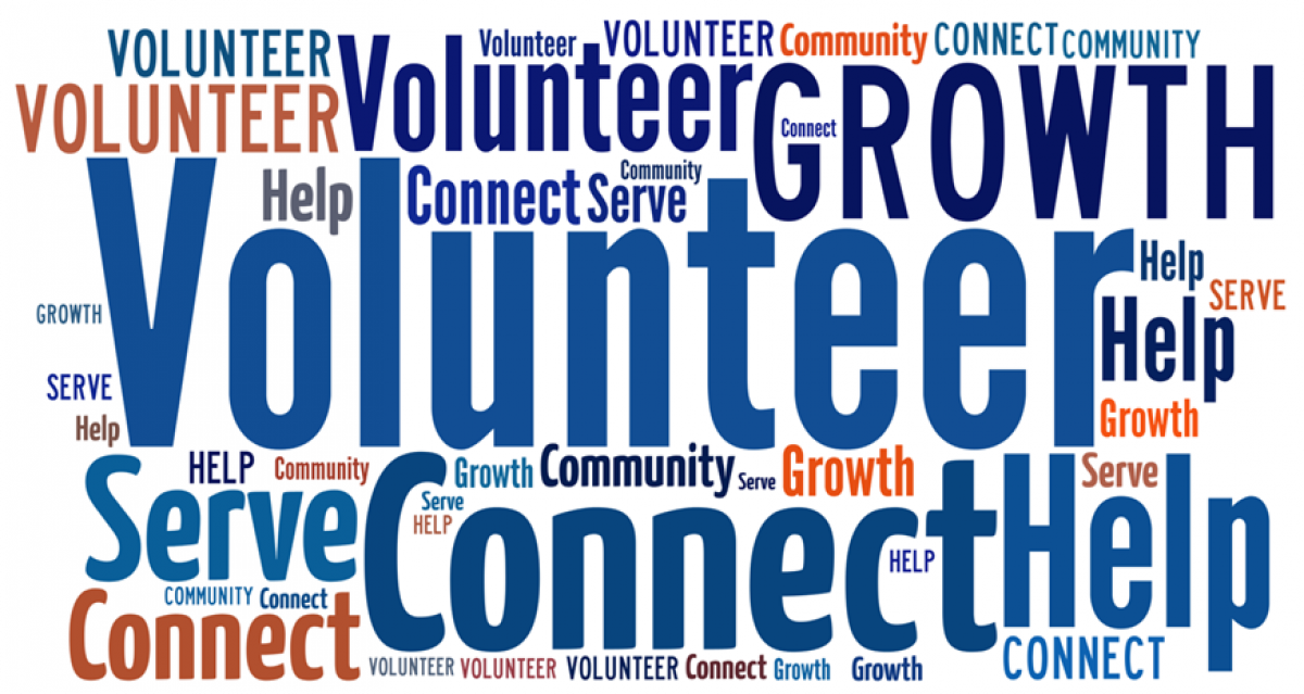 Collage of words related to volunteering, community, and service