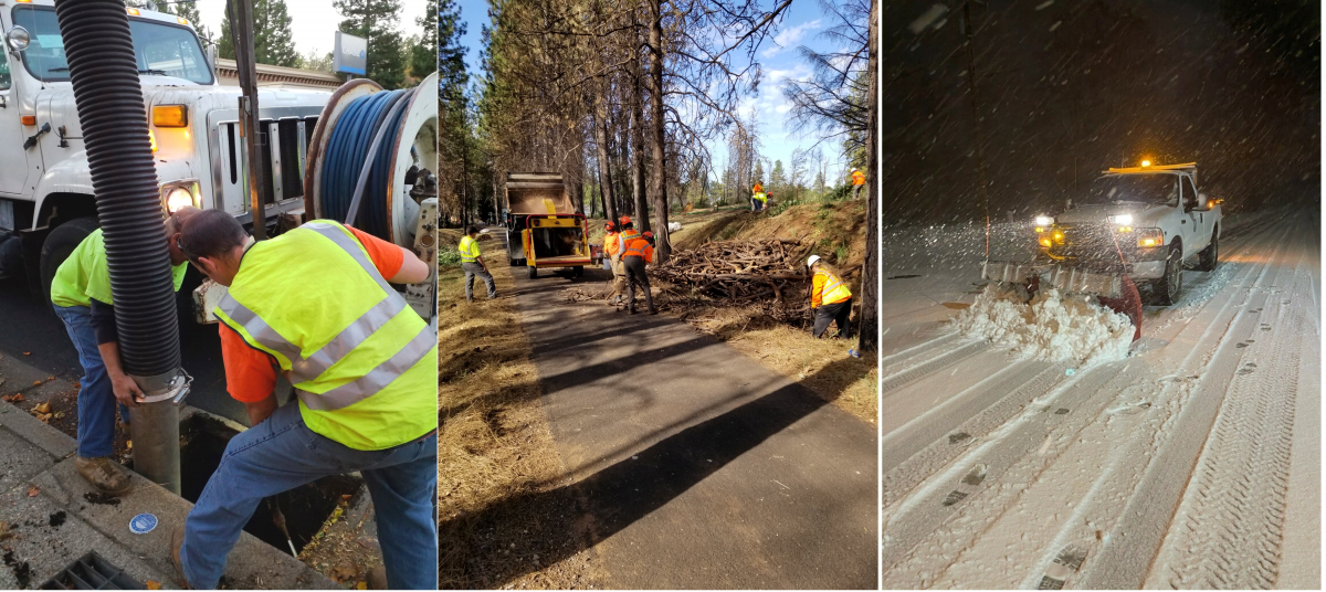 People working out doors, working with heavy equipment, cutting trees and plowing snow.