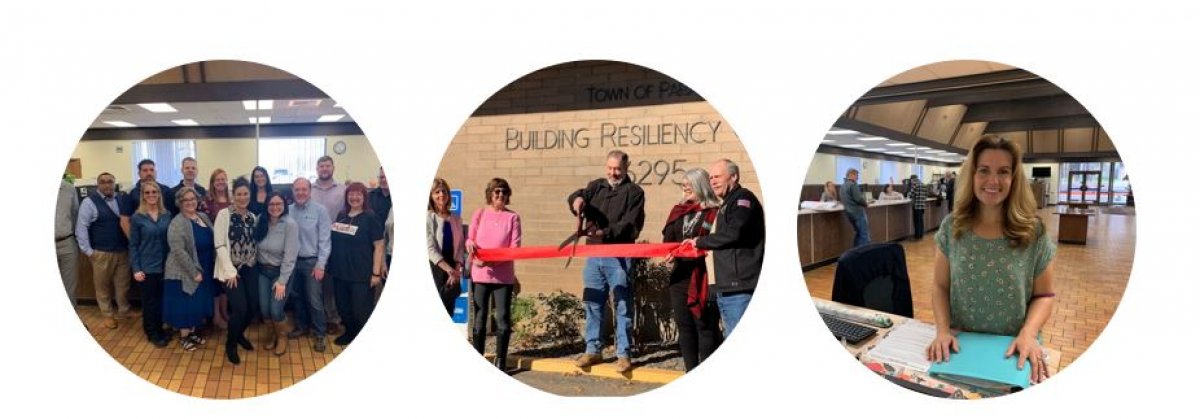 Three side-by-side circular images: group photo of employees (left), ribbon cutting (center), receptionist (right)