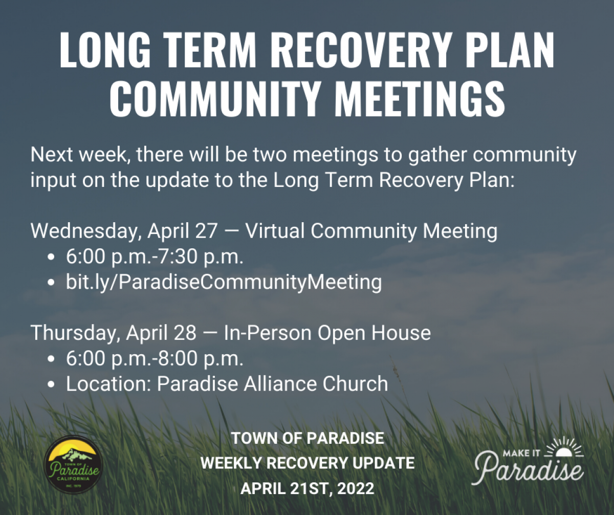 Long Term Recovery Plan Community Meetings Wed. April, 27th  6 - 7:30 Virtual and Thurs., April 28th 6 - 8 at CMA church
