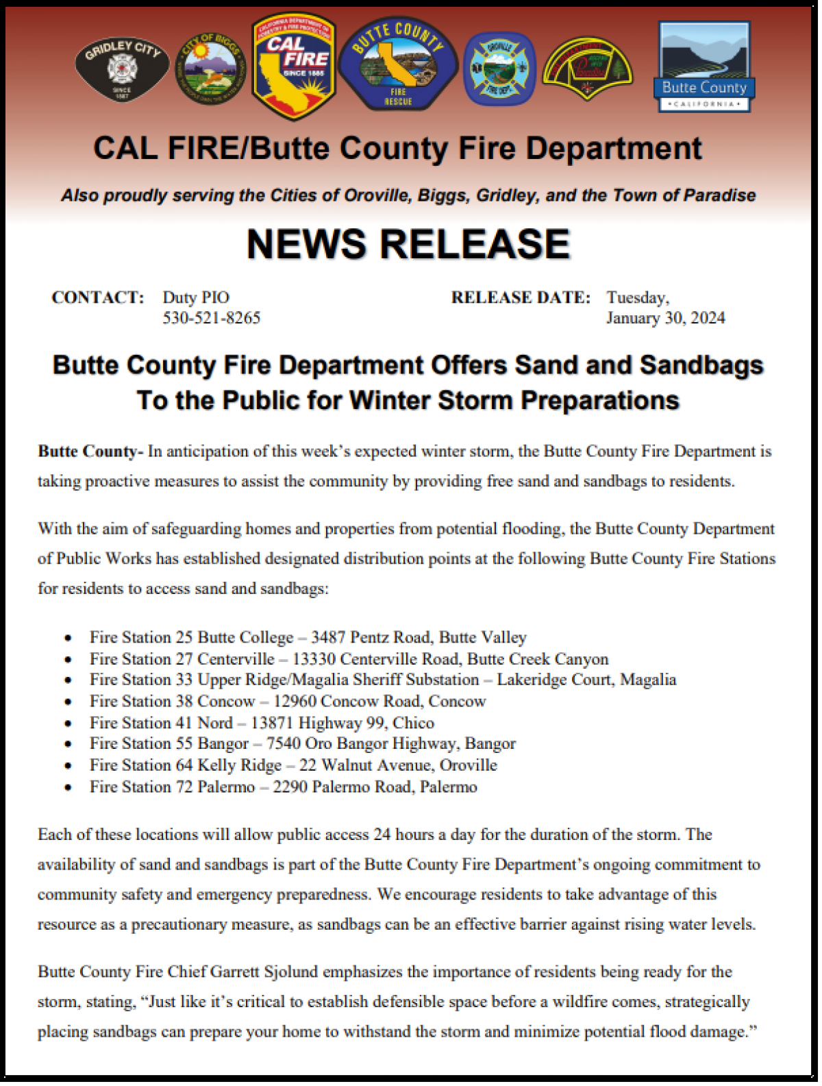 Informational flyer regarding sandbags and where to get them in the event of a winter storm